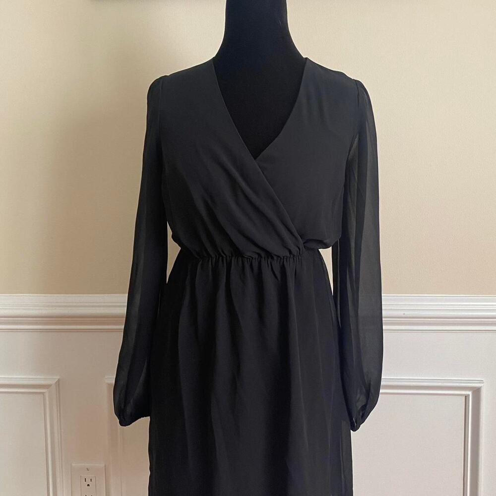 Express Black Surplice Wrap Dress with Long Sheer Sleeves